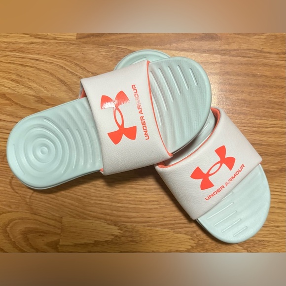 Under Armour Kids Slides in Light Blue and Orange - Picture 1 of 4